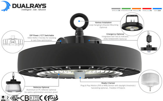 Lampada a LED UFO High Bay HB4H con interruttore DIP per alimentazione e 3CCT, 100W 150LPW con funzione di emergenza opzionale