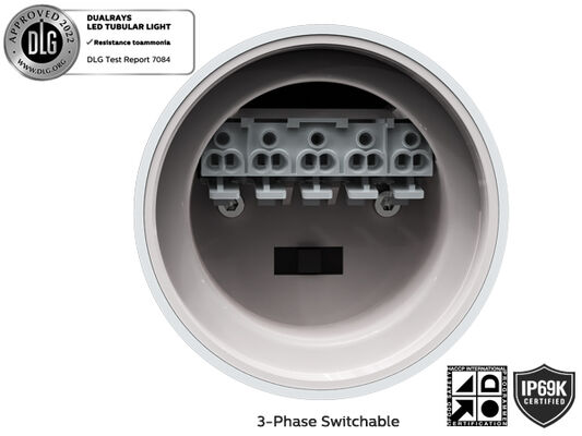 Luce tubolare a LED con potenza commutabile tramite DIP switch 160LPW e cambio 3CCT trifase per magazzini e stalle