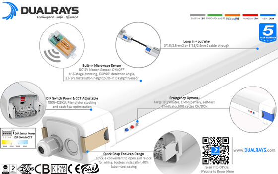 5ft/60W D5 LED Lampada a prova di umidità con potenza commutabile DIP/3CCT e 1-10V, DALI, sensore di movimento,sensore di luce diurna,Zigbee e funzione di emergenza
