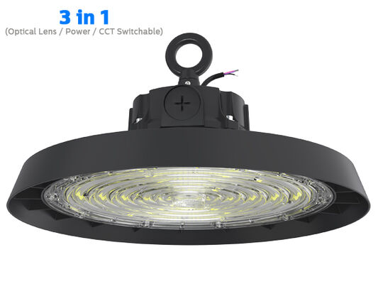 Lampada LED Highbay con impostazioni selezionabili tramite DIP switch per potenza e temperatura colore, con diverse opzioni di angolo del fascio per applicazioni industriali