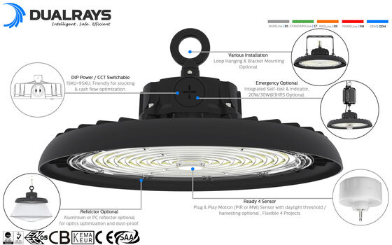 HB3 DIP Potenza commutabile e 3CCT UFO LED High Bay Light 100W 192LPW con sensore pronto (PIR/Motion Sensor)