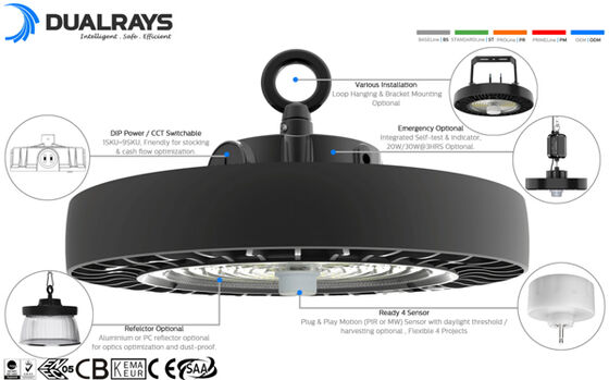 DUALRAYS LIGHTING HB4H UFO LED High Bay Light 100W 120W 150W 200lm/W Liteon 5050 IP65 IK08 ENEC 05 Obiettivo PC 7 anni di garanzia Illuminazione del magazzino
